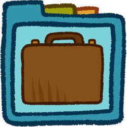 a brown briefcase inside a teal folder that has green and orange folder tabs behind it.